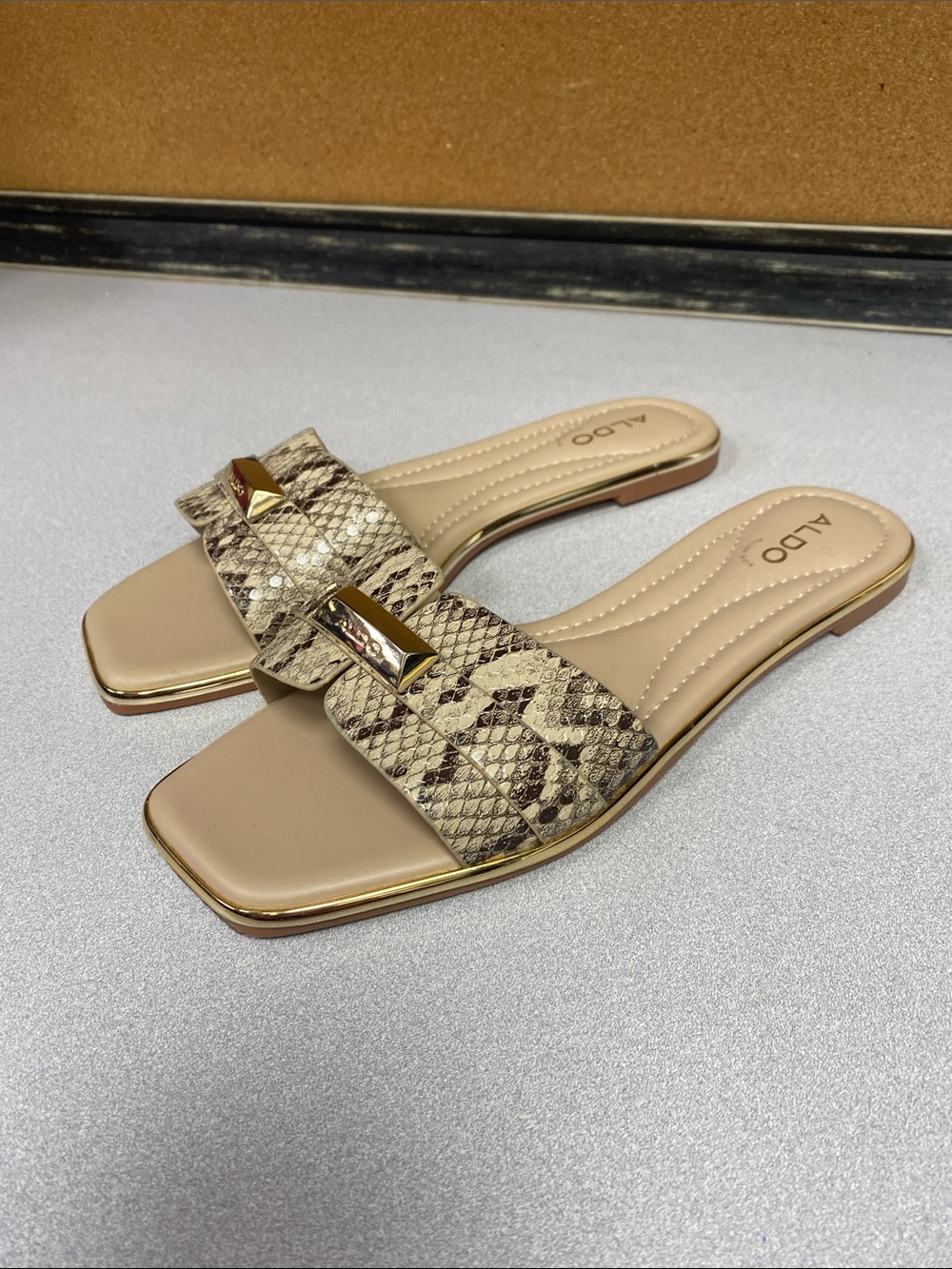 ALDO Beige Snake-Print Slide Mules with Gold Accent